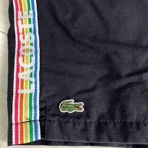 Lacoste Navy Rainbow Stripe Logo Spell-out Men’s Swim Trunks Bathing Suit XL